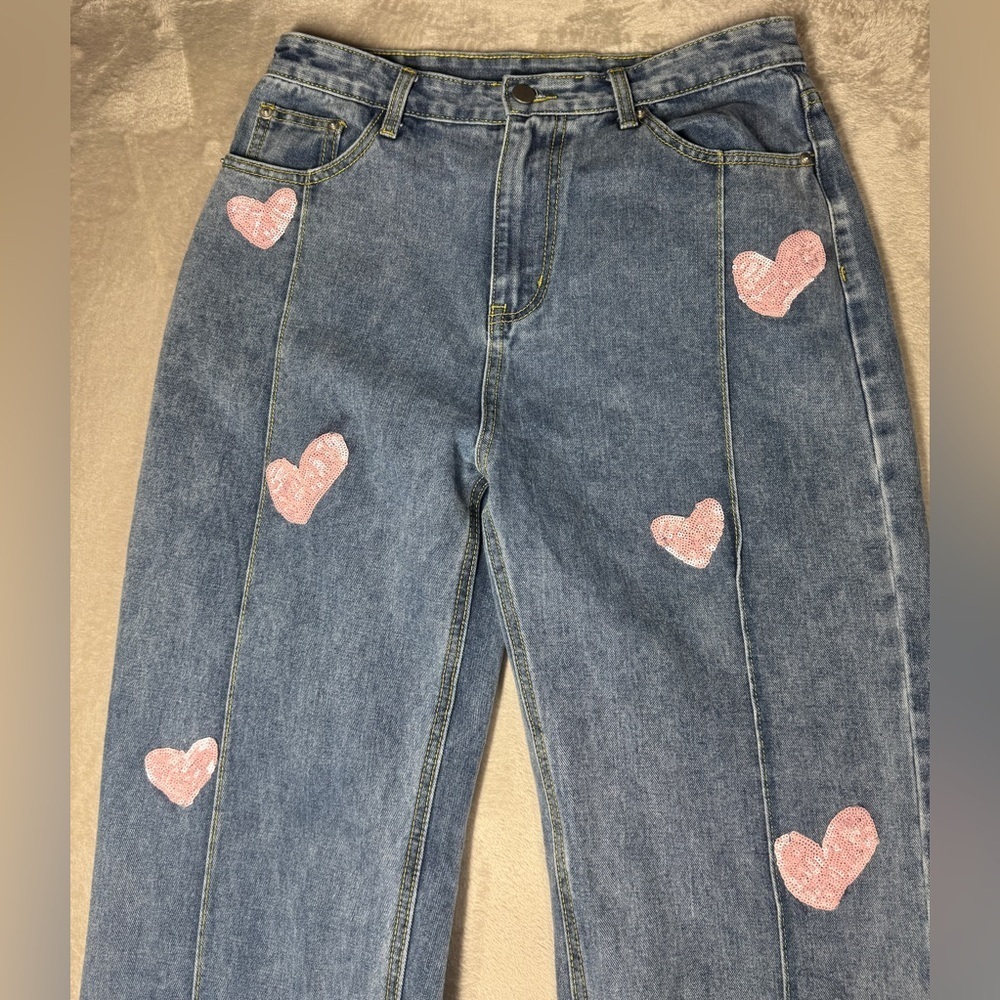 Cider Novelty Sequin Heart Patch Wide Leg High Rise Denim Blue Jeans Size Large - Picture 3 of 15